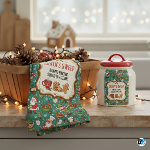 Santa's Sweep Baking Squad Elf Reindeer Christmas Tea Towel