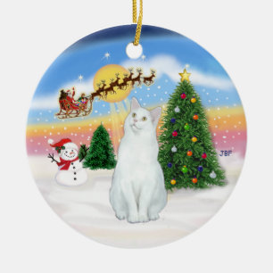 Santas Take Off - White cat (American SH) Ceramic Tree Decoration