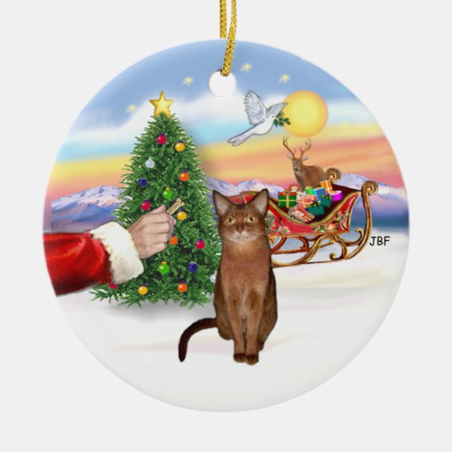 Santas Treat - Ruddy Abyssinian cat Ceramic Tree Decoration (Front)