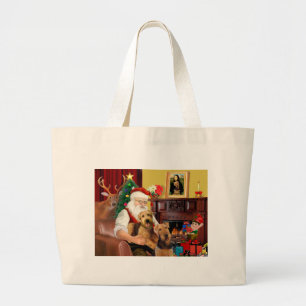 Santas Two Airedales Large Tote Bag