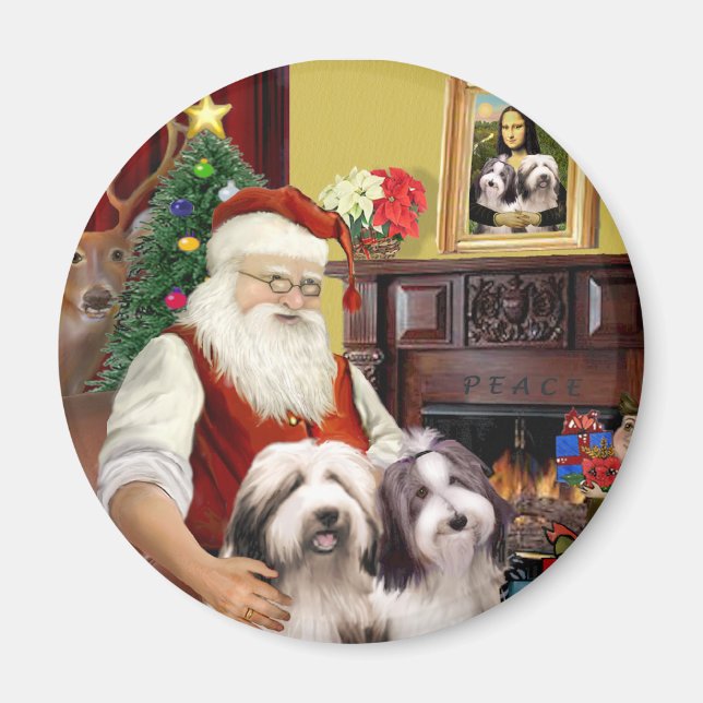 Santa's Two Bearded Collies Magnet (Front)