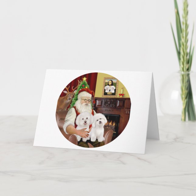 Santa's Two Bichon Frise Holiday Card (Front)