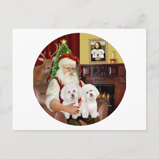 Santa's Two Bichon Frise Holiday Postcard (Front)