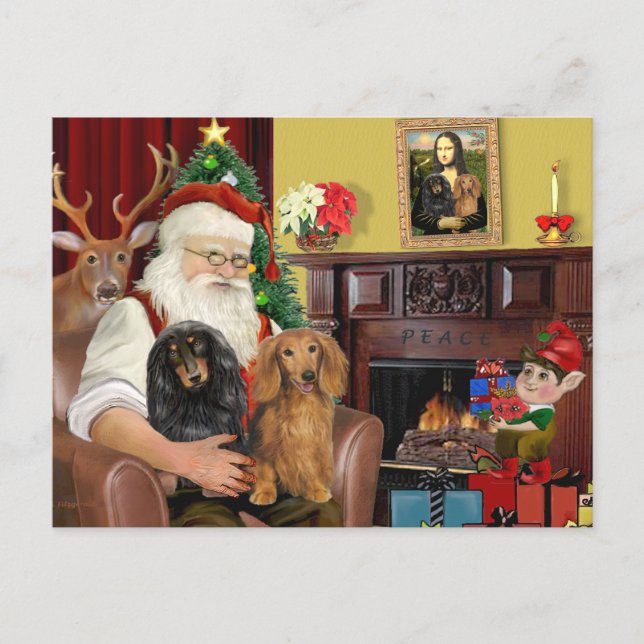 Santa's Two Long Haired Dachshunds Holiday Postcard (Front)