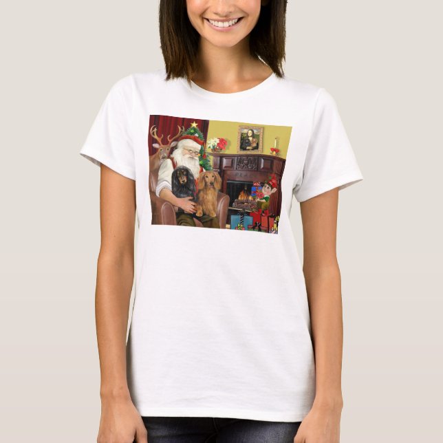 Santa's Two Long Haired Dachshunds T-Shirt (Front)