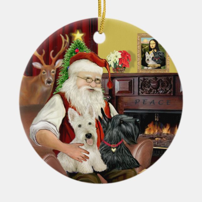 Santa's TWO Scottish Terriers Ceramic Ornament (Front)