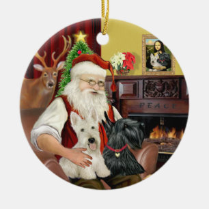 Santa's TWO Scottish Terriers Ceramic Tree Decoration