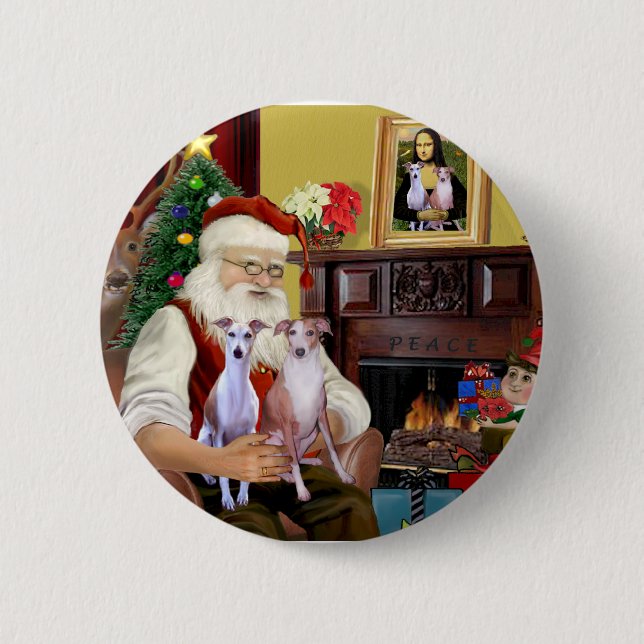 Santa's Two Whippets 6 Cm Round Badge (Front)