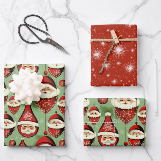 Santa's Vintage Ornament Delight Wrapping Paper Sheet (Front)