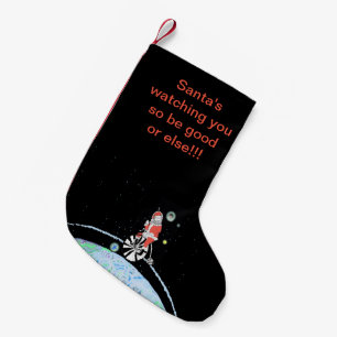 Santa's watching you from outer space! small christmas stocking
