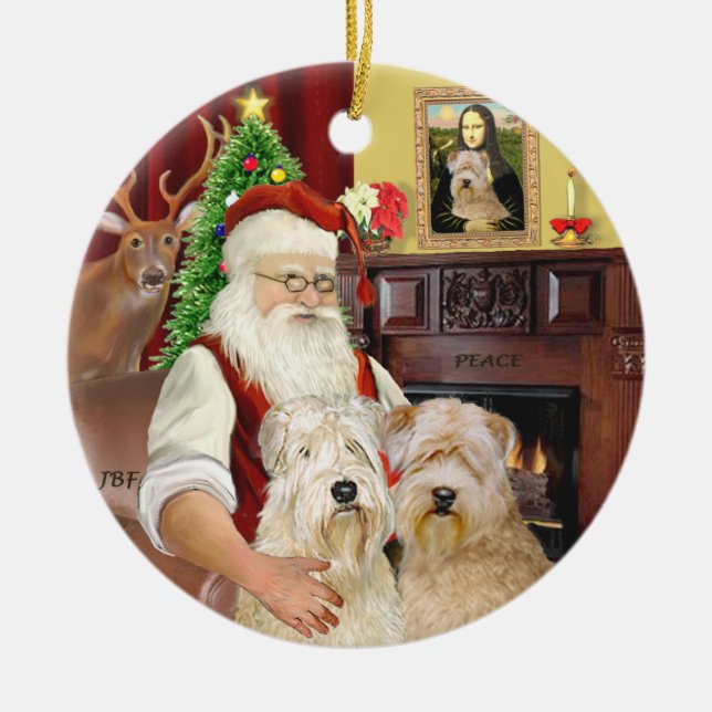 Santa's Wheaten terriers (TWO) Ceramic Tree Decoration (Front)