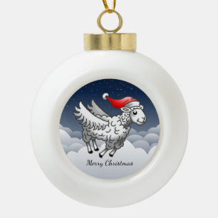 Santa's Wonderful Christmas Lamb Ceramic Ball Christmas Ornament