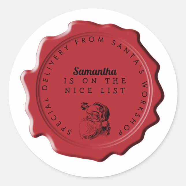 Santa's Workshop Custom Name Christmas Stamp Classic Round Sticker (Front)