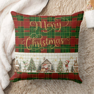 Santa's Workshop Elves Red Green Christmas Tartan  Cushion