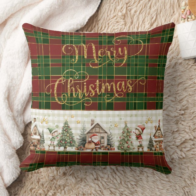 Santa's Workshop Elves Red Green Christmas Tartan  Cushion (Blanket)