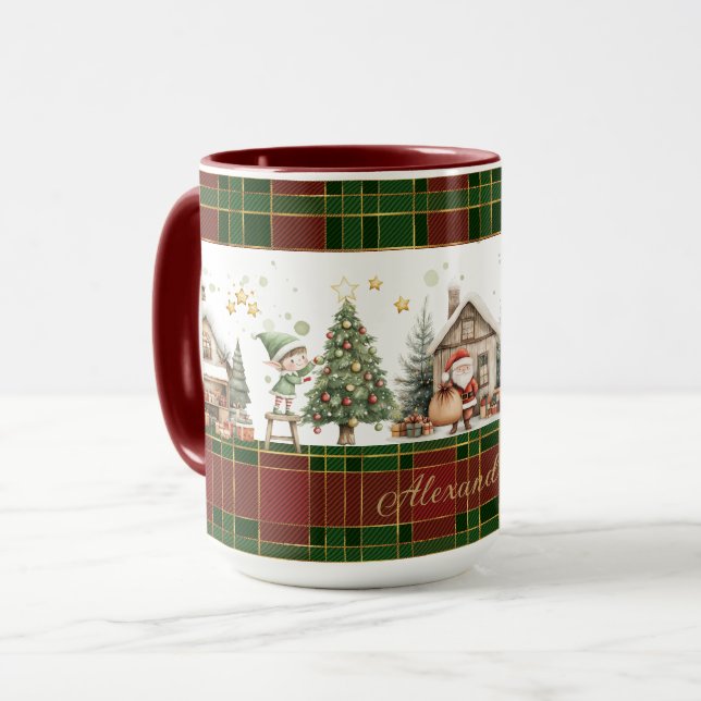 Santa's Workshop Elves Red Green Plaids Christmas Mug (Front Left)