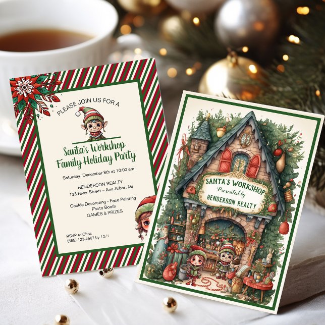 Santa's Workshop Holiday Party Invitation (Santas workshop Christmas party invitations for a client appreciation event.)