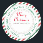 Santa's Workshop, North Pole - Please deliver to: Classic Round Sticker<br><div class="desc">A gorgeous vintage airmail style glitter border sticker design with red and green stripes for this holiday season. Space is there to handwrite in your recipients name. 
Matching items available in my store.</div>