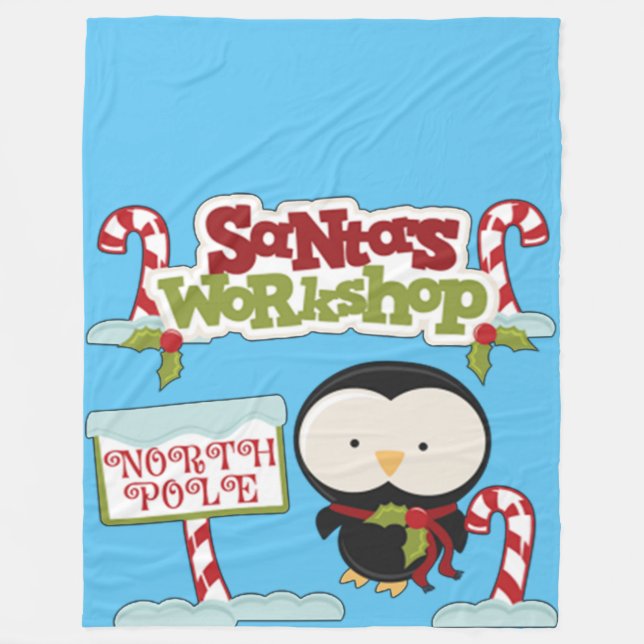 Santa's Workshop Penguin Fleece Blanket (Front)
