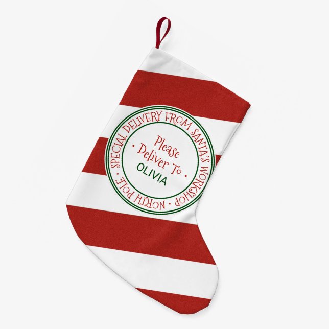 Santa's Workshop Personalised Name Small Christmas Stocking (Front (Hanging))
