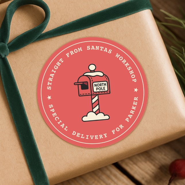 Santas Workshop Sticker | North Pole Delivery (Playful mailbox illustration gift stickers for a special delivery straight from Santa's workshop)