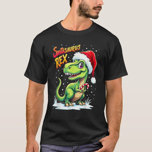 Santasaurus Rex Funny Dinosaur xmas Santa Hat Cand T-Shirt (Front)