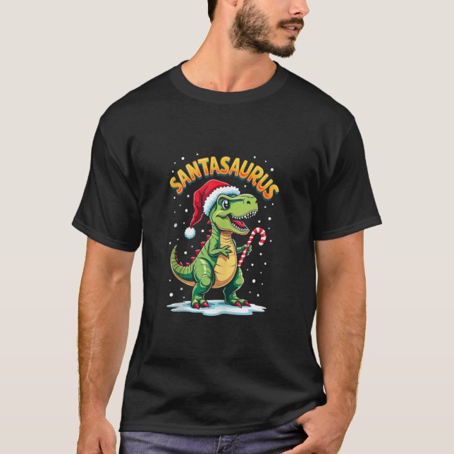 Santasaurus Rex Funny Dinosaur xmas Santa Hat Cand T-Shirt (Front)
