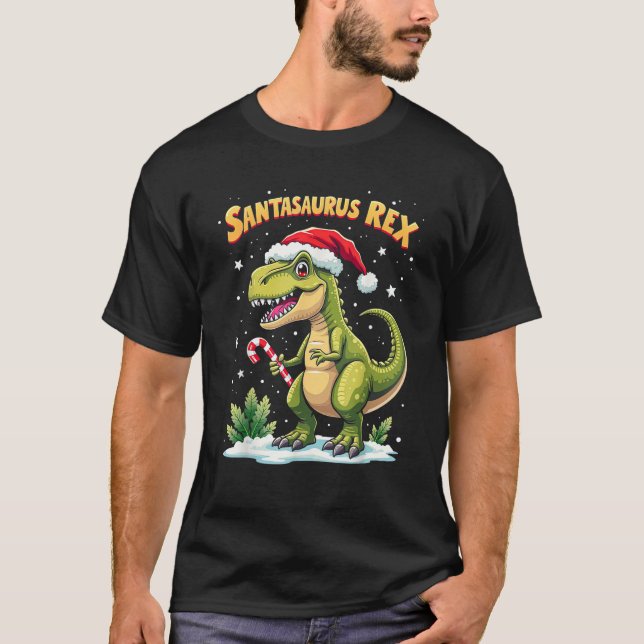 Santasaurus Rex Funny Dinosaur xmas Santa Hat Cand T-Shirt (Front)