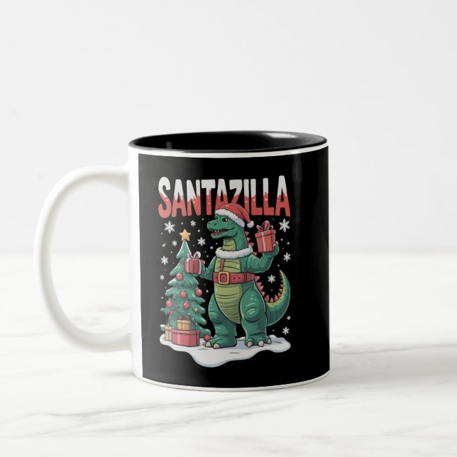 Santazilla Japanese Monster Kaiju Xmas Dinosaur Two-Tone Coffee Mug (Left)