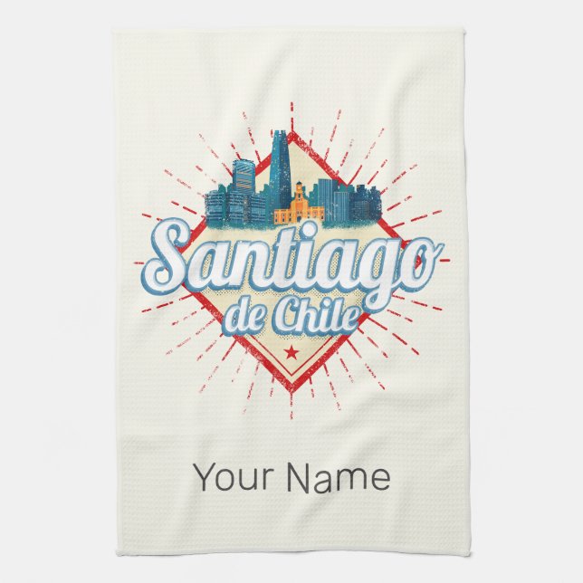 Santiago de Chile City Holiday Retro Skyline Tea Towel (Vertical)