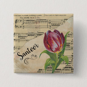 Santoor Elegant Tulip Vintage Sheet Music 15 Cm Square Badge