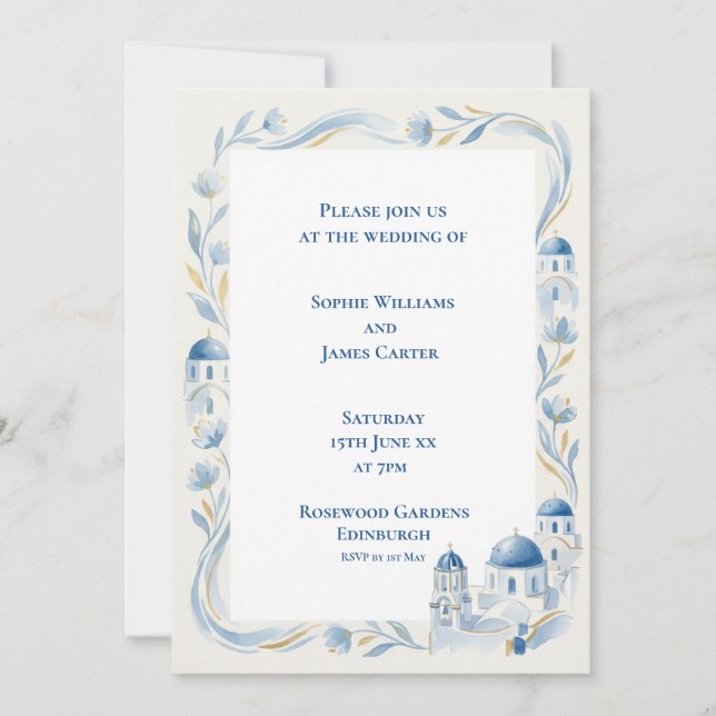 Santorini Blue Botanical Wedding Invitation (Front)