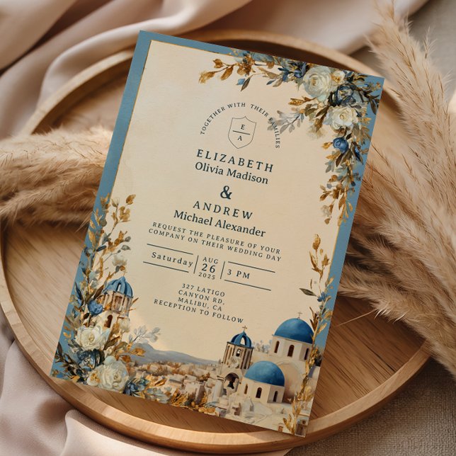 Santorini Blue Dome Botanical Wedding Invitation (Creator Uploaded)