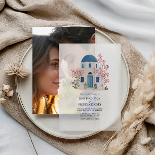 Santorini Blue Dome Bougainvillea Wedding Vellum Invitations