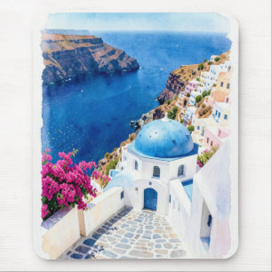 Santorini Blue Dome Watercolor Poster Mouse Pad