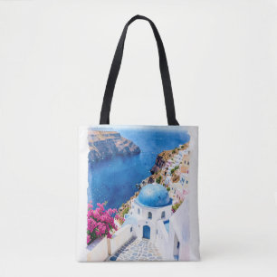 Santorini Blue Dome Watercolor Poster Tote Bag