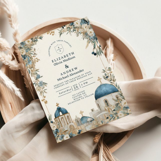 Santorini Blue Domes Botanical Wedding Invitation (Creator Uploaded)