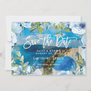 Santorini blue floral wedding save the date card