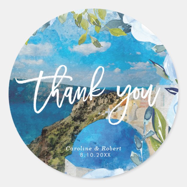 Santorini blue florals wedding thank you sticker (Front)