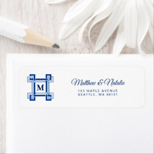 Santorini Blue Mediterranean Greek Key Monogram Return Address Label
