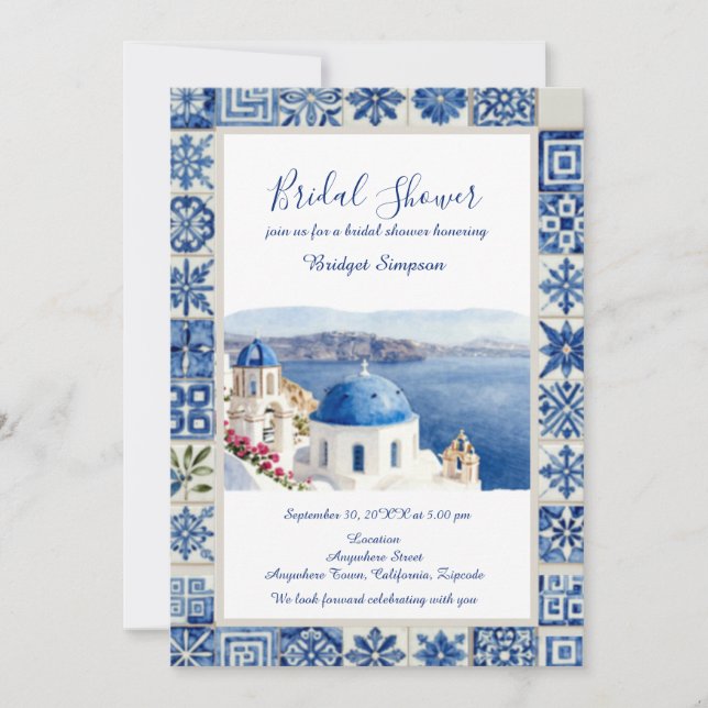 Santorini Blue Tile  Destination bridal shower Invitation (Front)
