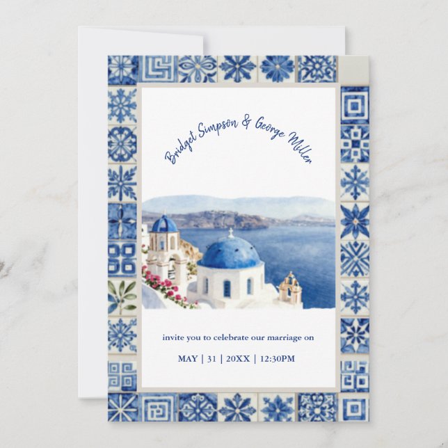 Santorini Blue Tile Watercolor Destination Wedding Invitation (Front)