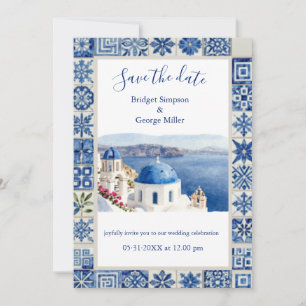 Santorini Blue Tile Watercolor Destination Wedding Invitation