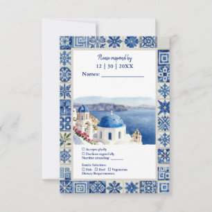 Santorini Blue Tile Watercolor Destination Wedding RSVP Card