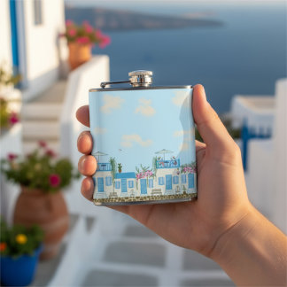 Santorini Blue White Greek Village Coastal Art Hip Flask