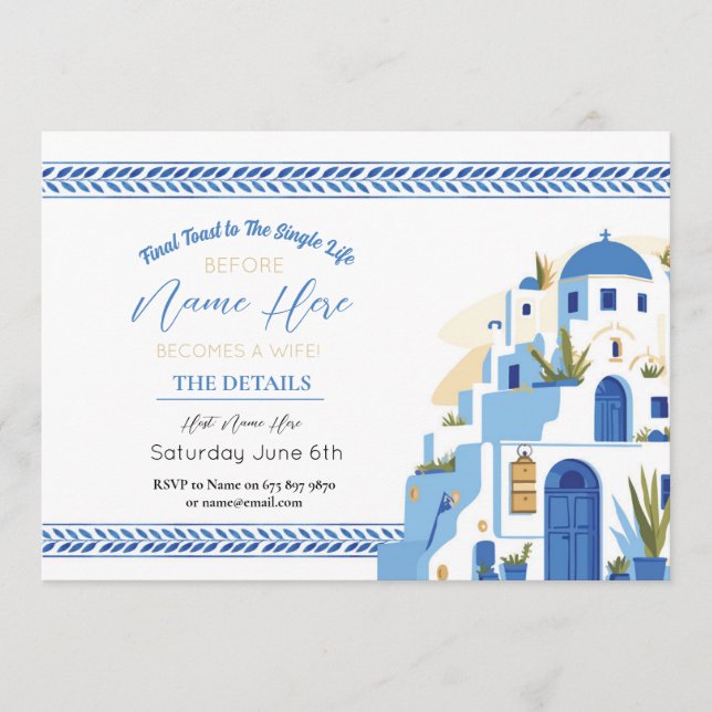 Santorini Bridal Shower Itinerary Schedule Blue Program (Front)