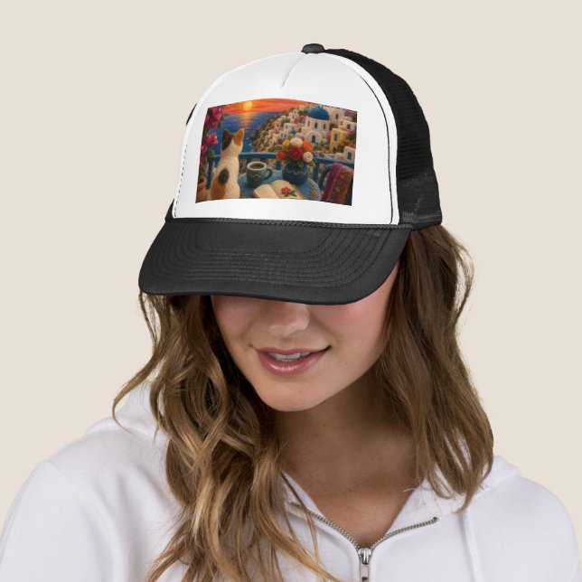 Santorini Cat Sunset Trucker Hat | Mediterranean A (In Situ)