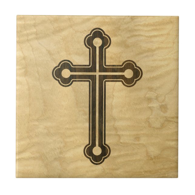 Santorini Christian Cross Wooden Maple Rosewood Ceramic Tile (Front)