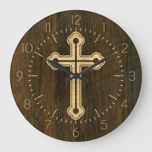 Santorini Christian Cross Wooden Maple Rosewood Large Clock (Front)