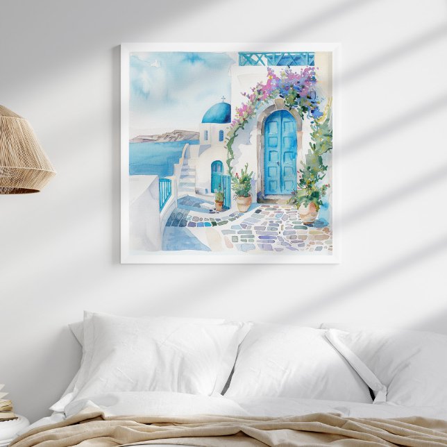 Santorini Church Beach Coastal Wall Art (Santorini Church Beach Coastal Wall Art in a neutral coastal boho bedreoom in a white frame.)